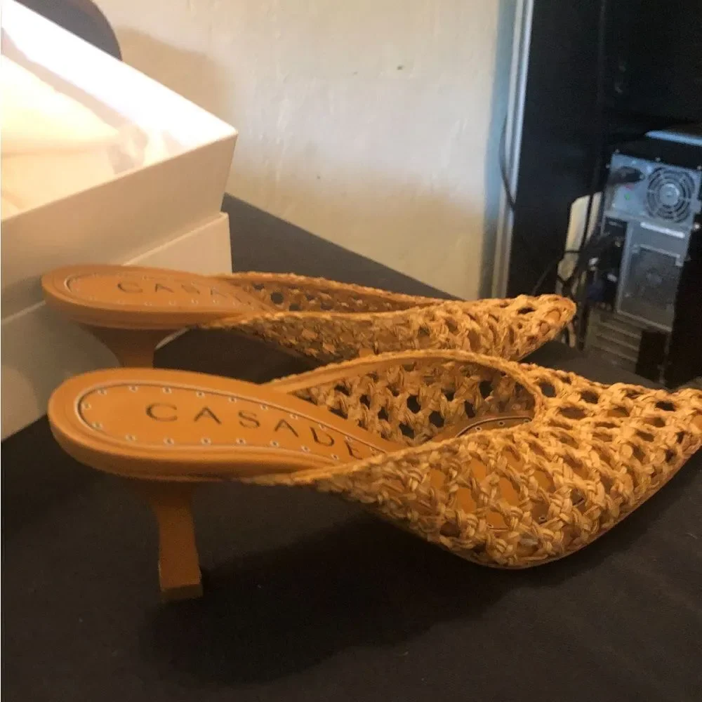Casadei Versilia  woven faux leather upper pointed toe mules heels